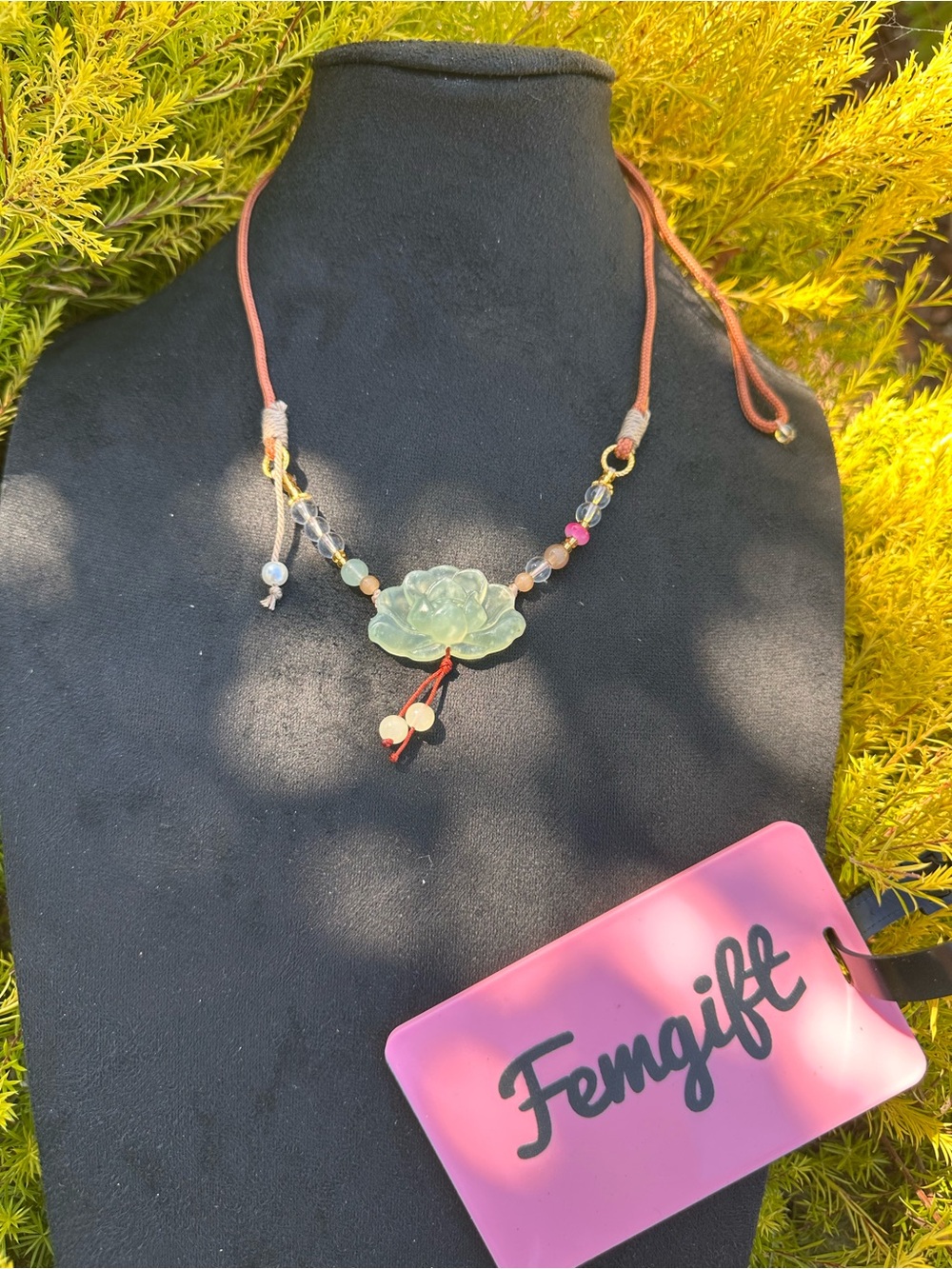 Green Jade Flower Pendant Necklace with Brown Cord -